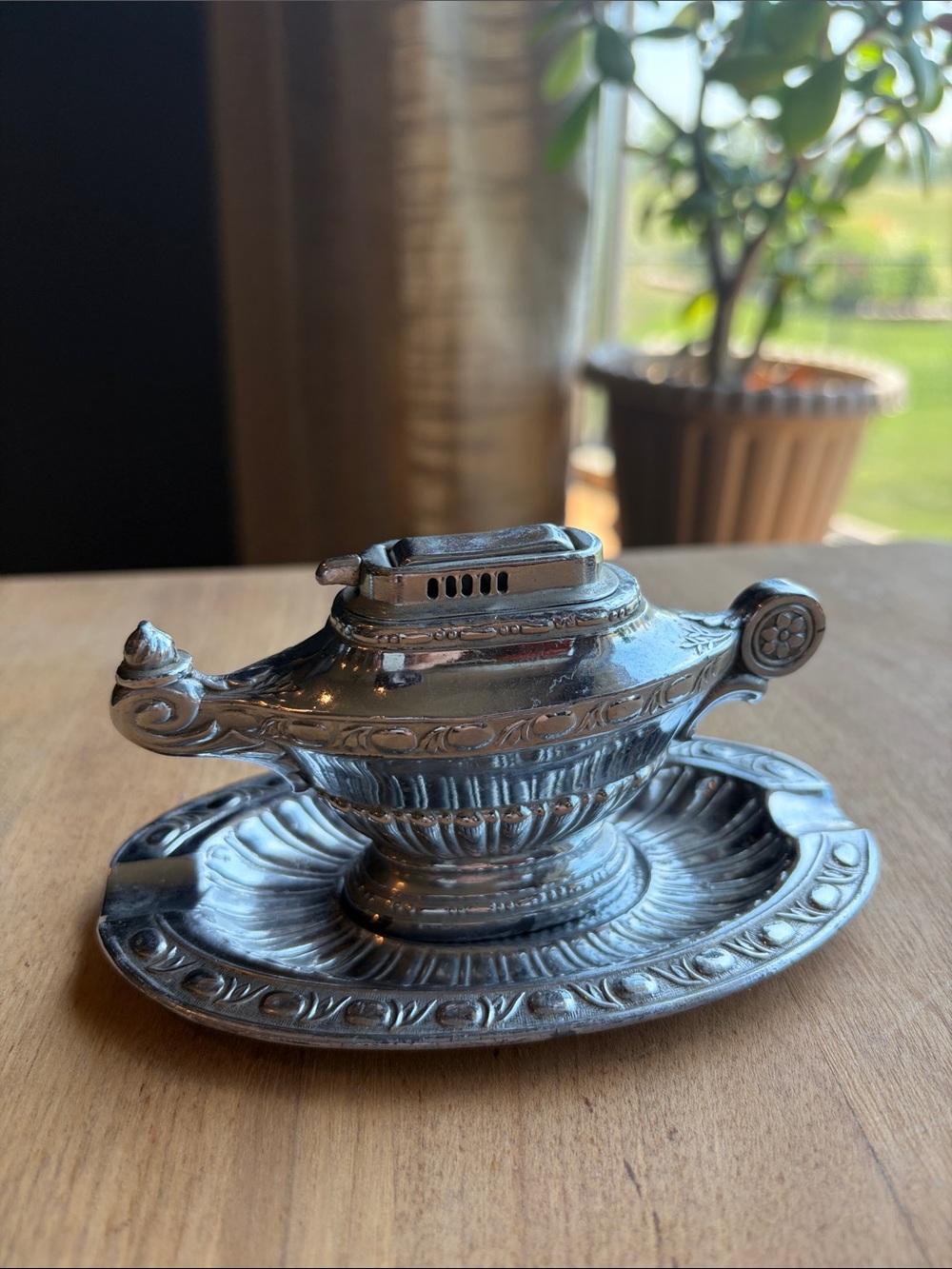 Beautiful Silver Occupied Japan Genie Table Lamp and ashtray